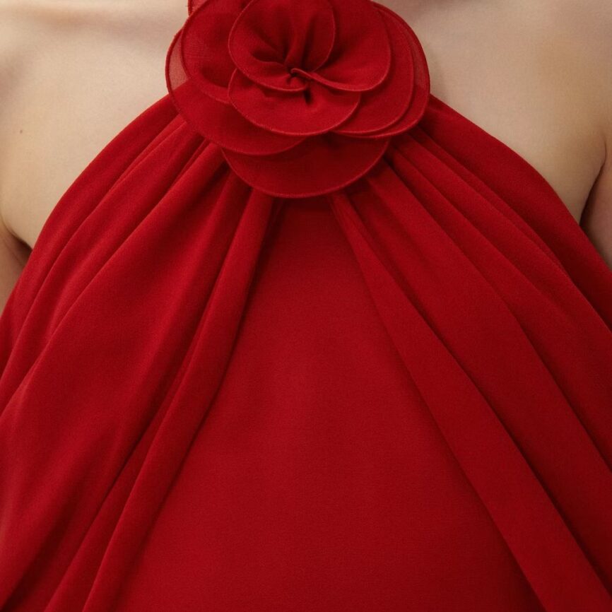 Elegant One-Shoulder Rosette Red Gown