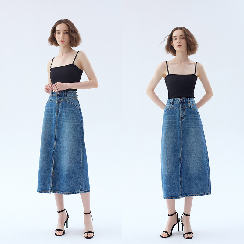 High-Waist Classic Denim Midi Skirt