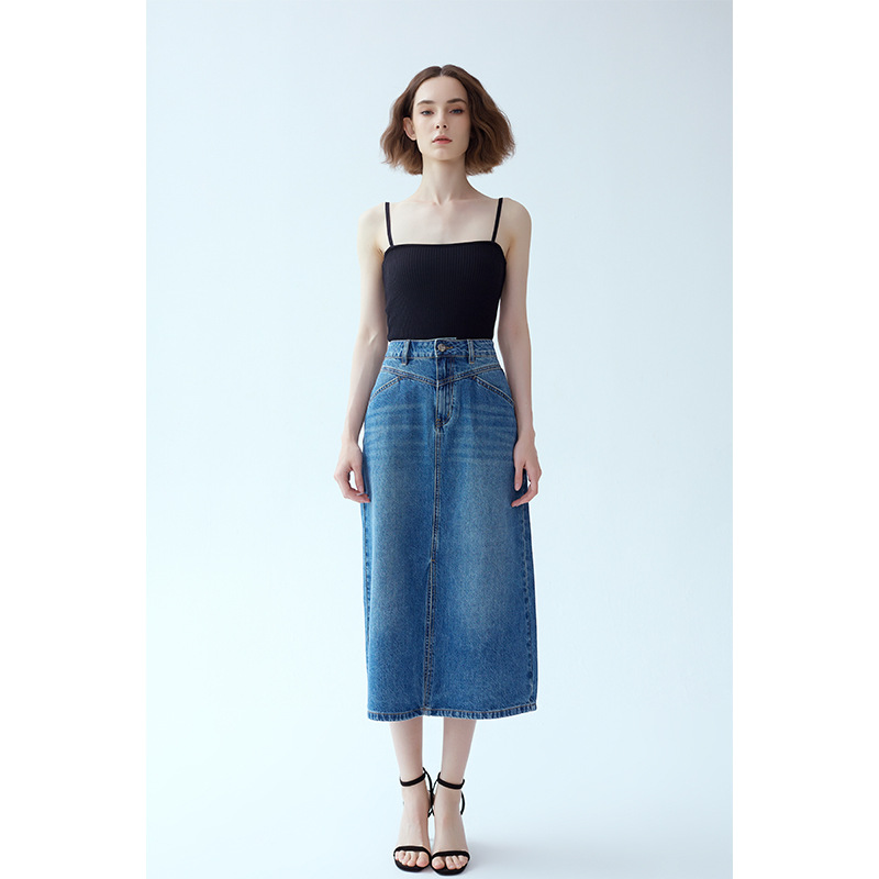 High-Waist Classic Denim Midi Skirt