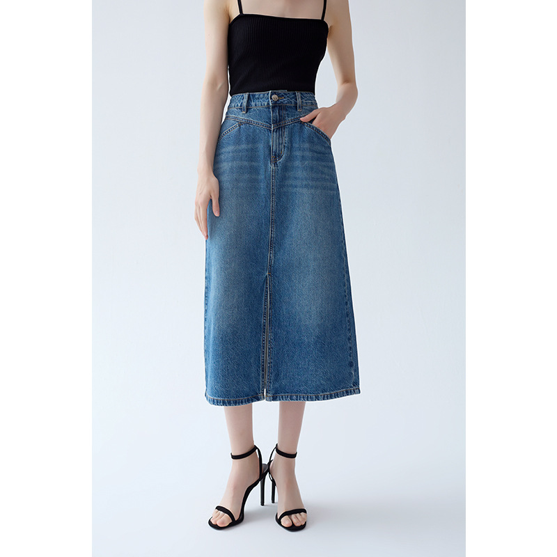 High-Waist Classic Denim Midi Skirt