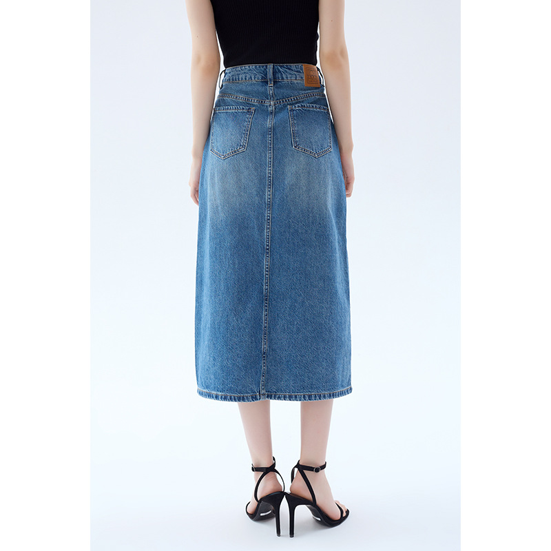 High-Waist Classic Denim Midi Skirt