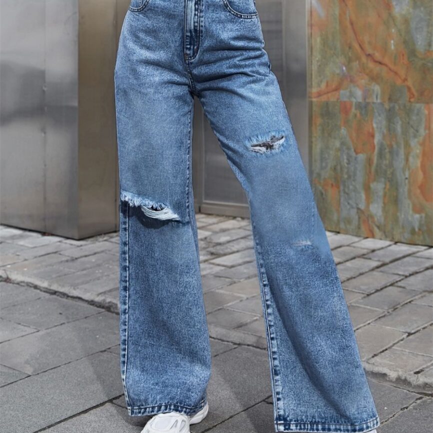 Light Blue High-Waisted Distressed Jeans