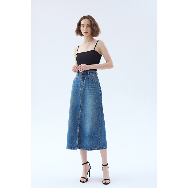 High-Waist Classic Denim Midi Skirt