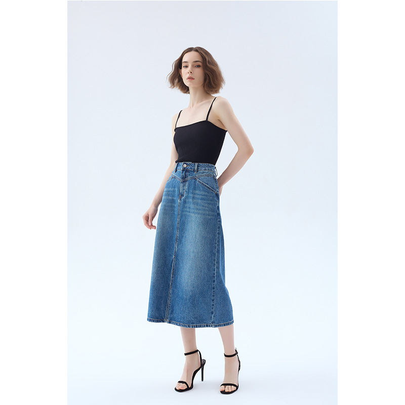 High-Waist Classic Denim Midi Skirt